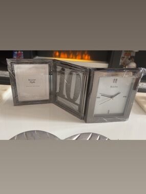 Bulova Gray Tri-Fold Clock Frame with Photo Panels